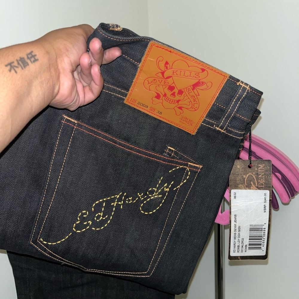 Ed Hardy Black Jeans with Gold asia style bedazzled Embroidery